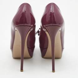 Pre Owned Valentino Purple Patent Leather Bow Peep Toe Platform Pumps Size 39