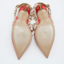 Pre Owned Valentino Red/Pink Patent Leather Rockstud Ankle Strap Pumps Size 38