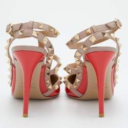 Pre Owned Valentino Red/Pink Patent Leather Rockstud Ankle Strap Pumps Size 38