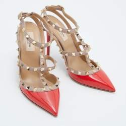 Pre Owned Valentino Red/Pink Patent Leather Rockstud Ankle Strap Pumps Size 38