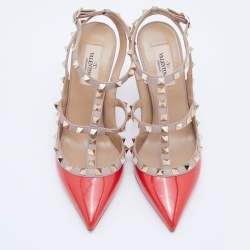 Pre Owned Valentino Red/Pink Patent Leather Rockstud Ankle Strap Pumps Size 38