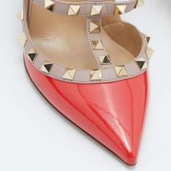 Pre Owned Valentino Red/Pink Patent Leather Rockstud Ankle Strap Pumps Size 38