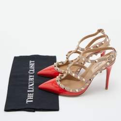 Pre Owned Valentino Red/Pink Patent Leather Rockstud Ankle Strap Pumps Size 38