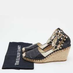 Pre Owned Valentino Black Leather Rockstud Ankle Strap Wedge Espadrille Sandals Size 39