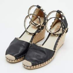 Pre Owned Valentino Black Leather Rockstud Ankle Strap Wedge Espadrille Sandals Size 39