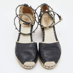 Pre Owned Valentino Black Leather Rockstud Ankle Strap Wedge Espadrille Sandals Size 39