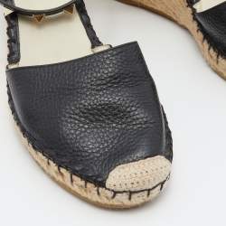 Pre Owned Valentino Black Leather Rockstud Ankle Strap Wedge Espadrille Sandals Size 39
