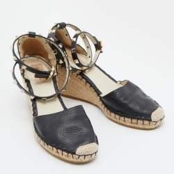Pre Owned Valentino Black Leather Rockstud Ankle Strap Wedge Espadrille Sandals Size 39
