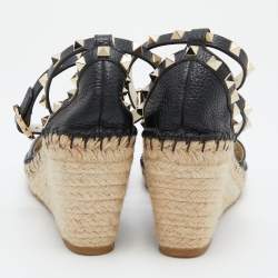 Pre Owned Valentino Black Leather Rockstud Ankle Strap Wedge Espadrille Sandals Size 39