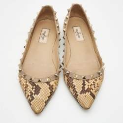 Pre Owned Valentino Brown/Beige Python Rockstud Ballet Flats Size 38
