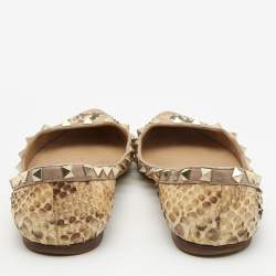 Pre Owned Valentino Brown/Beige Python Rockstud Ballet Flats Size 38