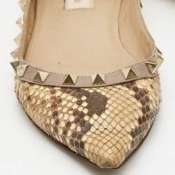 Pre Owned Valentino Brown/Beige Python Rockstud Ballet Flats Size 38