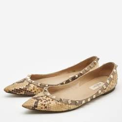 Pre Owned Valentino Brown/Beige Python Rockstud Ballet Flats Size 38