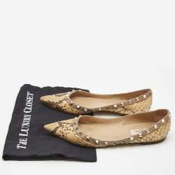 Pre Owned Valentino Brown/Beige Python Rockstud Ballet Flats Size 38