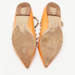Pre Owned Valentino Orange Patent Leather Rockstud Ankle Strap Ballet Flats Size 39