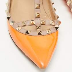Pre Owned Valentino Orange Patent Leather Rockstud Ankle Strap Ballet Flats Size 39