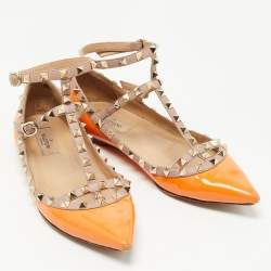 Pre Owned Valentino Orange Patent Leather Rockstud Ankle Strap Ballet Flats Size 39