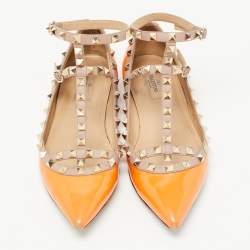 Pre Owned Valentino Orange Patent Leather Rockstud Ankle Strap Ballet Flats Size 39