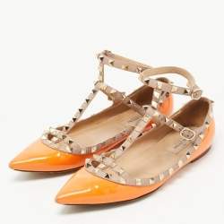 Pre Owned Valentino Orange Patent Leather Rockstud Ankle Strap Ballet Flats Size 39
