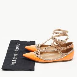 Pre Owned Valentino Orange Patent Leather Rockstud Ankle Strap Ballet Flats Size 39