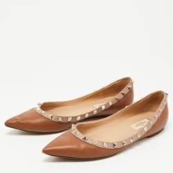 Pre Owned Valentino Brown Leather Rockstud Ballet Flats Size 38