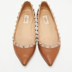 Pre Owned Valentino Brown Leather Rockstud Ballet Flats Size 38