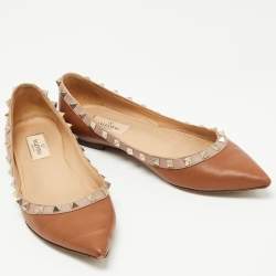 Pre Owned Valentino Brown Leather Rockstud Ballet Flats Size 38