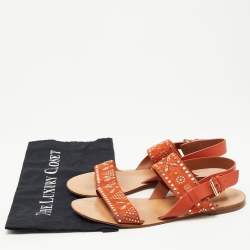 Pre Owned Valentino Orange Suede and Leather Crystal Embellished Flat Sandals Size 40