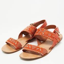 Pre Owned Valentino Orange Suede and Leather Crystal Embellished Flat Sandals Size 40