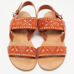 Pre Owned Valentino Orange Suede and Leather Crystal Embellished Flat Sandals Size 40