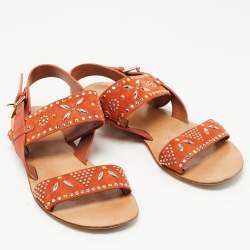 Pre Owned Valentino Orange Suede and Leather Crystal Embellished Flat Sandals Size 40