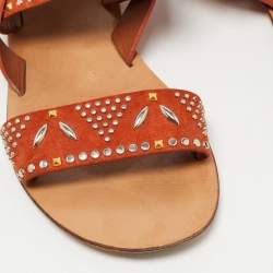 Pre Owned Valentino Orange Suede and Leather Crystal Embellished Flat Sandals Size 40