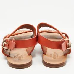 Pre Owned Valentino Orange Suede and Leather Crystal Embellished Flat Sandals Size 40
