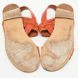 Pre Owned Valentino Orange Suede and Leather Crystal Embellished Flat Sandals Size 40