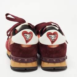 Pre Owned Valentino Red/Burgundy Leather and Suede Rockrunner Sneakers Size 37.5
