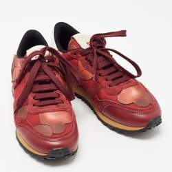 Pre Owned Valentino Red/Burgundy Leather and Suede Rockrunner Sneakers Size 37.5