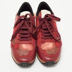 Pre Owned Valentino Red/Burgundy Leather and Suede Rockrunner Sneakers Size 37.5