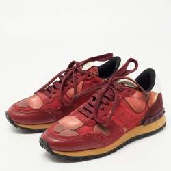 Pre Owned Valentino Red/Burgundy Leather and Suede Rockrunner Sneakers Size 37.5