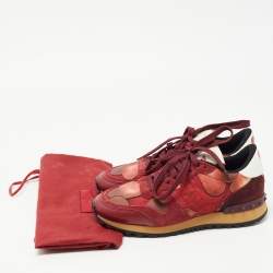 Pre Owned Valentino Red/Burgundy Leather and Suede Rockrunner Sneakers Size 37.5
