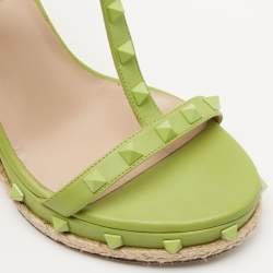Pre Owned Valentino Green Leather Rockstud Wedge  Sandals Size 37