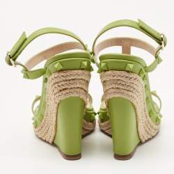 Pre Owned Valentino Green Leather Rockstud Wedge  Sandals Size 37