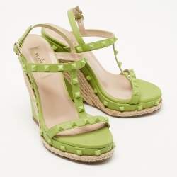 Pre Owned Valentino Green Leather Rockstud Wedge  Sandals Size 37
