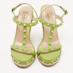 Pre Owned Valentino Green Leather Rockstud Wedge  Sandals Size 37