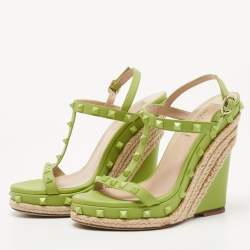 Pre Owned Valentino Green Leather Rockstud Wedge  Sandals Size 37