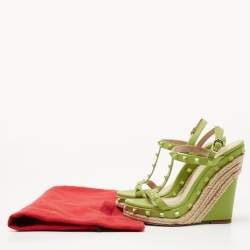 Pre Owned Valentino Green Leather Rockstud Wedge  Sandals Size 37