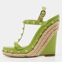 Pre Owned Valentino Green Leather Rockstud Wedge  Sandals Size 37