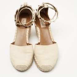 Pre Owned Valentino Cream Leather Rockstud Wedge Ankle Strap Sandals Size 39
