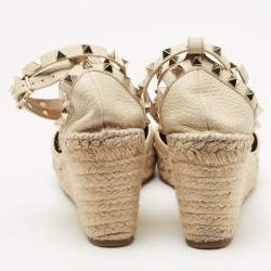 Pre Owned Valentino Cream Leather Rockstud Wedge Ankle Strap Sandals Size 39