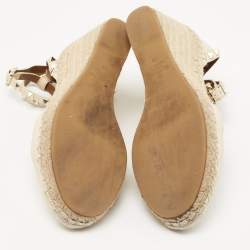 Pre Owned Valentino Cream Leather Rockstud Wedge Ankle Strap Sandals Size 39