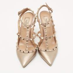 Pre Owned Valentino Metallic Bronze/Beige Leather Rockstud Pumps Size 38.5